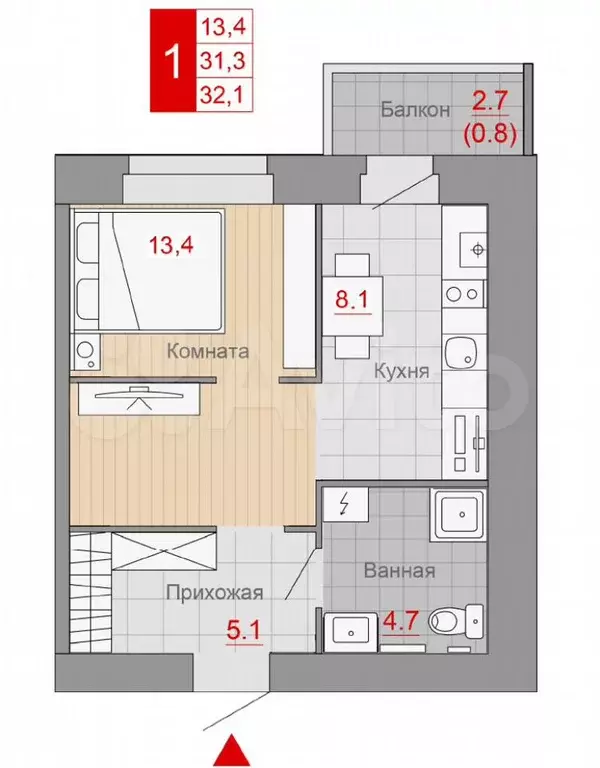 1-к. квартира, 31,3 м, 9/9 эт. - Фото 0