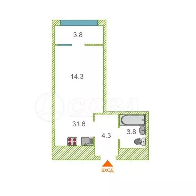 Квартира-студия: Тюмень, микрорайон ДОК, Воронинская улица, 43 (33 м) - Фото 2