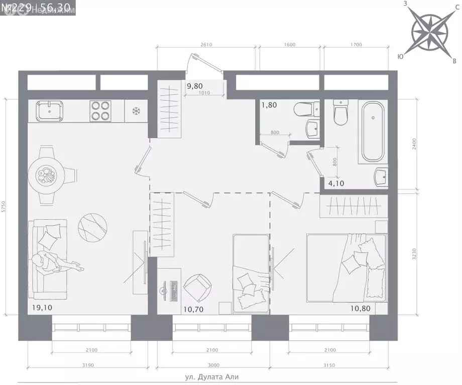 2-комнатная квартира: Казань, ЖК 1712 (56.3 м) - Фото 1