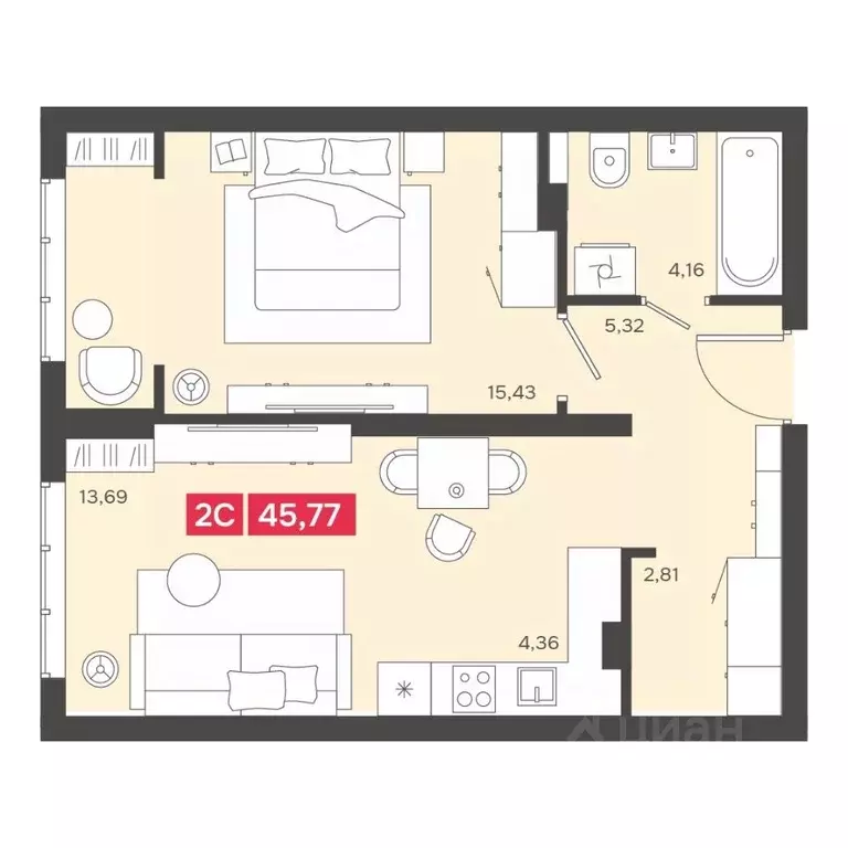 2-к кв. Новосибирская область, Новосибирск Аэропорт мкр,  (45.77 м) - Фото 1