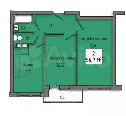 2-к. квартира, 56,4 м, 8/10 эт. - Фото 0