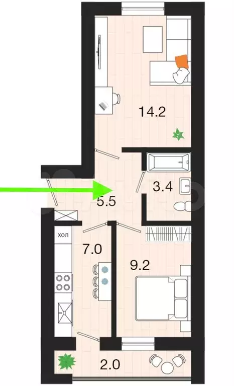 2-к. квартира, 47,6 м, 2/4 эт. - Фото 1