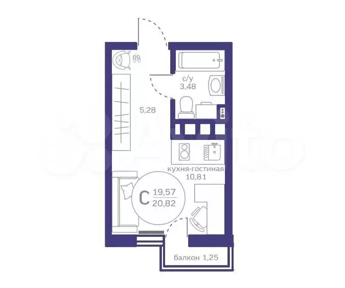 Квартира-студия, 19,6 м, 6/17 эт. - Фото 1