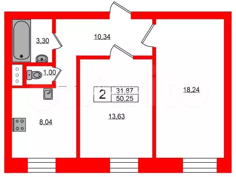 2-к. квартира, 50,3 м, 5/5 эт. - Фото 0