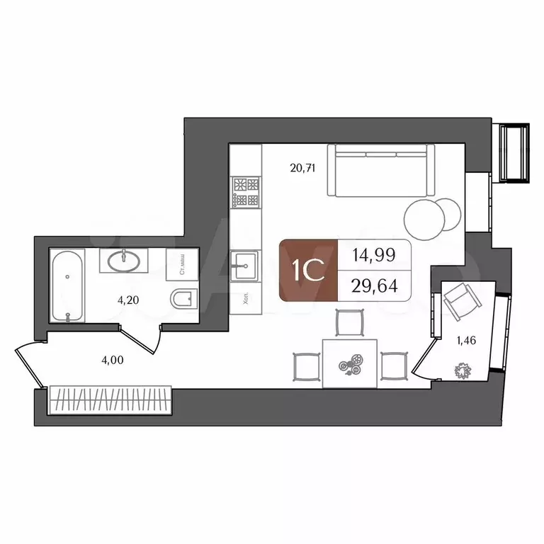 Квартира-студия, 29,6 м, 14/21 эт. - Фото 1