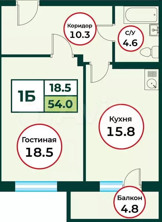 1-к. квартира, 54 м, 6/8 эт. - Фото 0