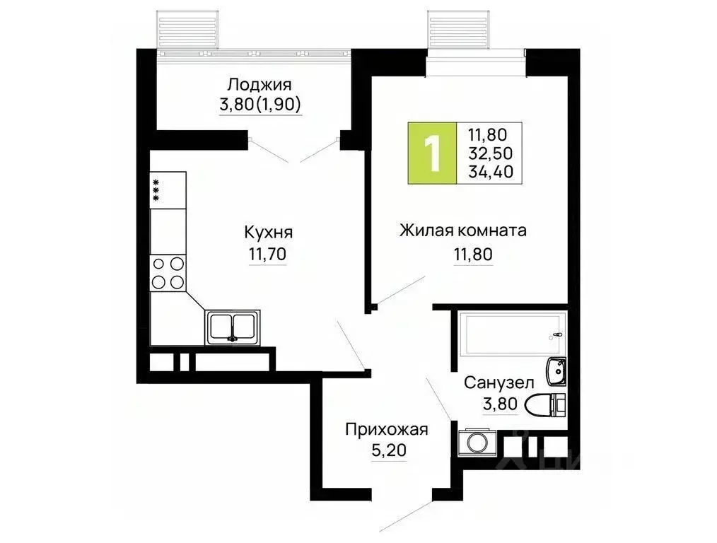 1-к кв. Адыгея, Тахтамукайский район, Яблоновский пгт  (34.4 м) - Фото 1