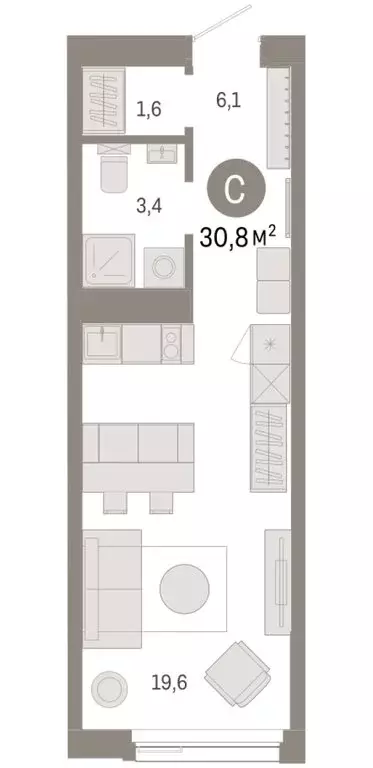 Квартира-студия: Тюмень, жилой комплекс Зарека (30.79 м) - Фото 1