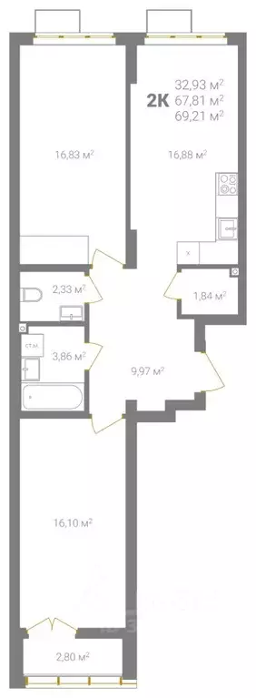 2-к кв. Нижегородская область, Нижний Новгород Ветеринарная ул. (69.21 ... - Фото 1
