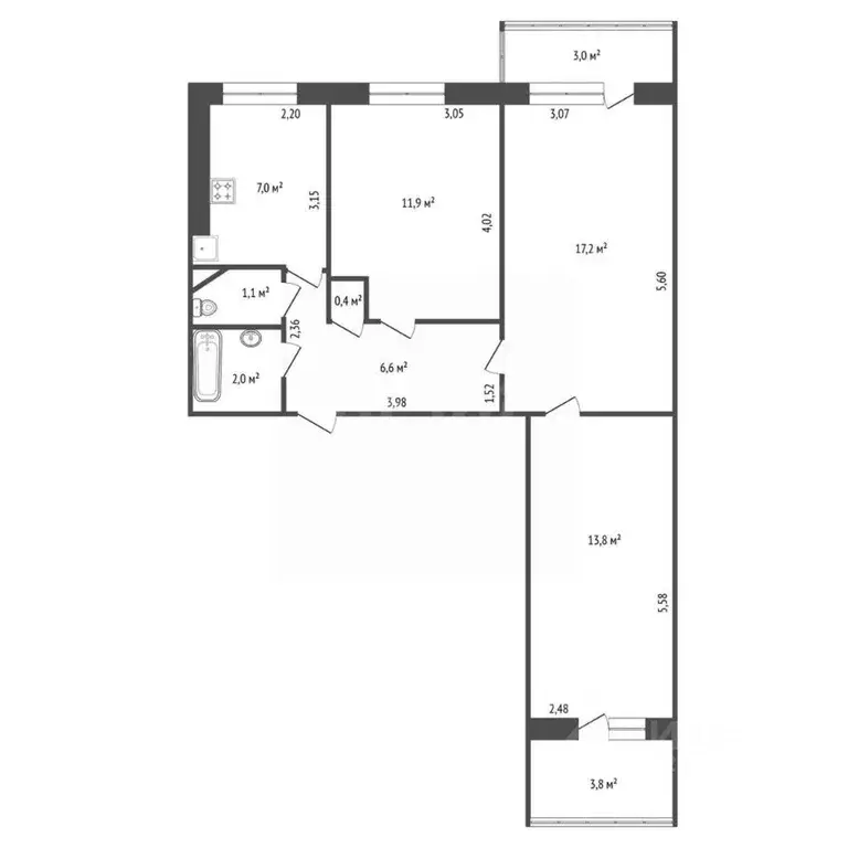 3-к кв. Башкортостан, Уфа Российская ул., 43/4 (60.0 м) - Фото 2