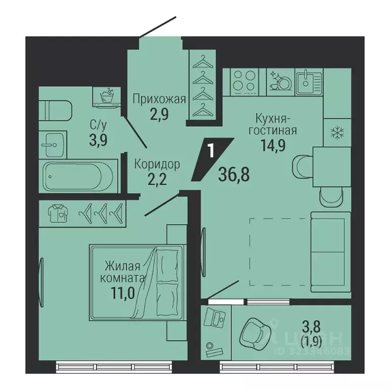1-к кв. Свердловская область, Екатеринбург Вторчермет жилрайон,  (36.8 ... - Фото 1
