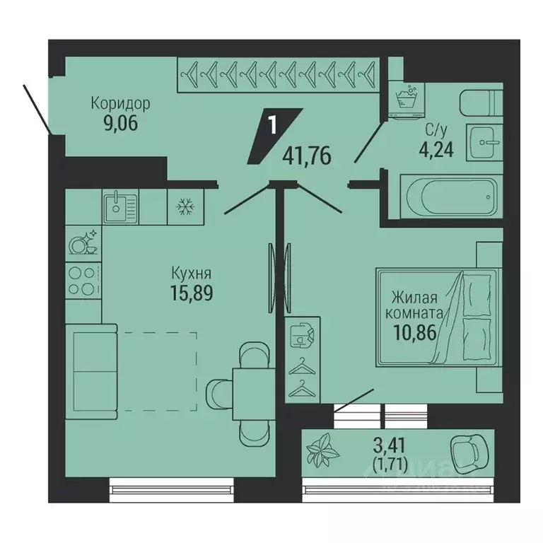 1-к кв. Свердловская область, Екатеринбург пер. Ученический, 4 (41.88 ... - Фото 1