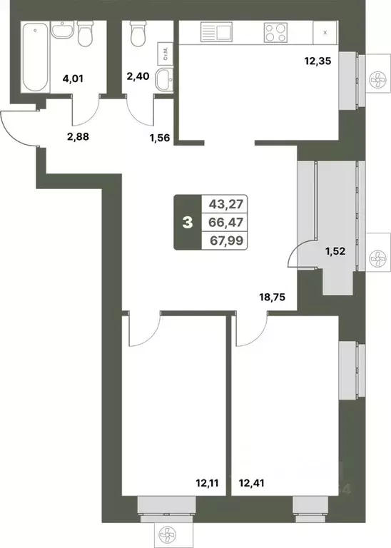 3-к кв. Башкортостан, Уфимский район, с. Миловка  (67.99 м) - Фото 1