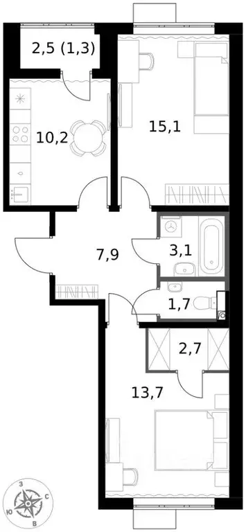 Квартира, 2 комнаты, 55.7 м - Фото 1