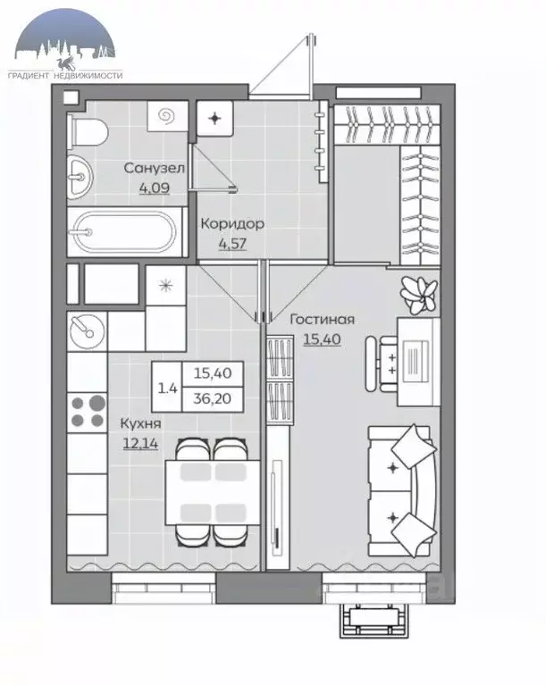 1-к кв. Татарстан, Казань Сказочный лес жилой комплекс, 4.1 (38.04 м) - Фото 2