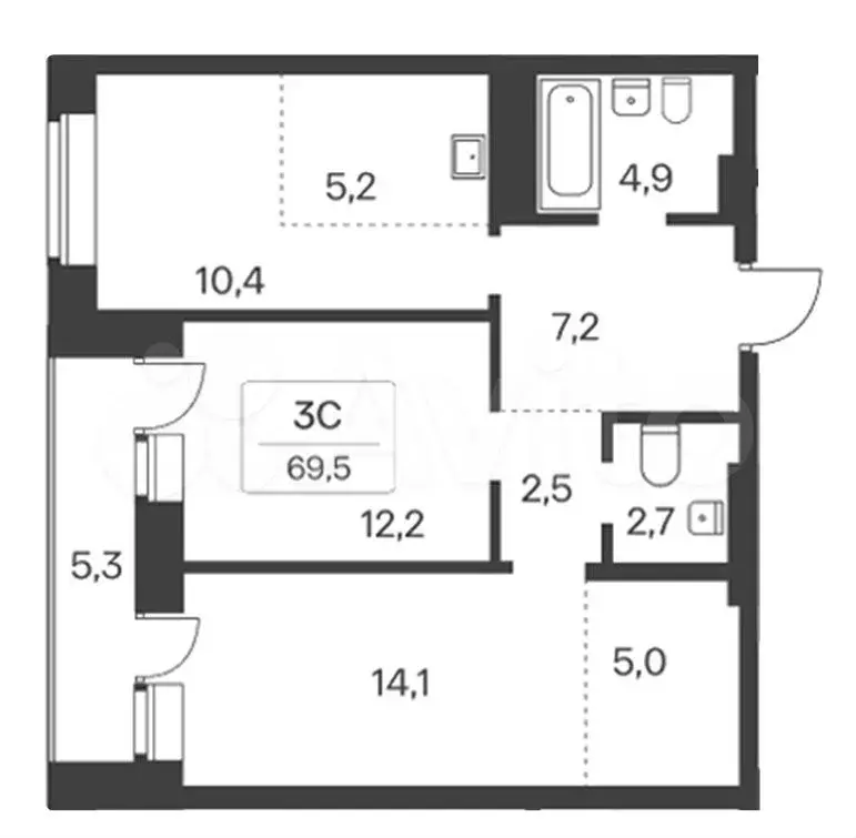 3-к. квартира, 69,5 м, 5/31 эт. - Фото 0