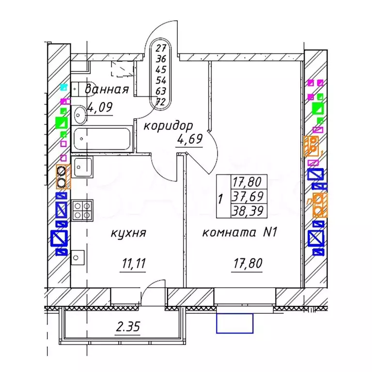 1-к. квартира, 38,4 м, 2/9 эт. - Фото 0