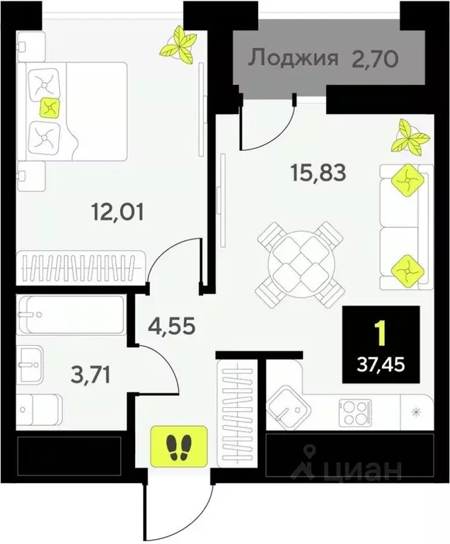 1-к кв. Тюменская область, Тюмень ул. Первооткрывателей, 15 (37.45 м) - Фото 0