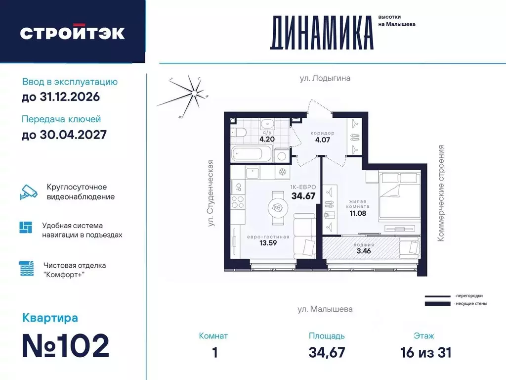 1-к кв. Свердловская область, Екатеринбург ул. Малышева, 145Б (34.67 ... - Фото 0