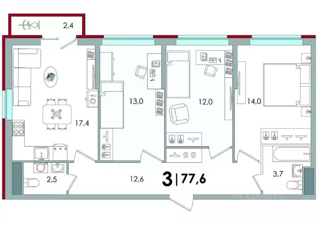 3-к кв. Тверская область, Тверь ул. С.Я. Лемешева, 6 (77.6 м) - Фото 0