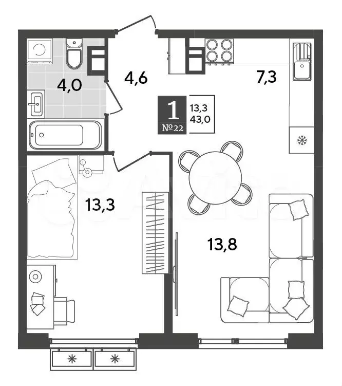 1-к. квартира, 43 м, 5/9 эт. - Фото 1