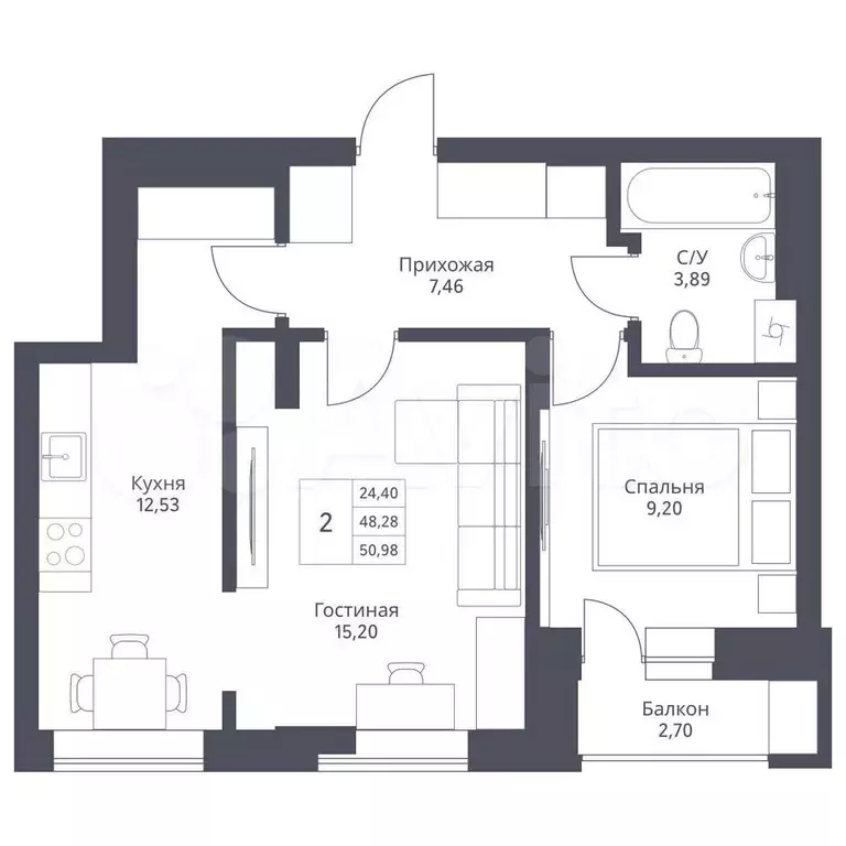 2-к. квартира, 51 м, 7/24 эт. - Фото 0