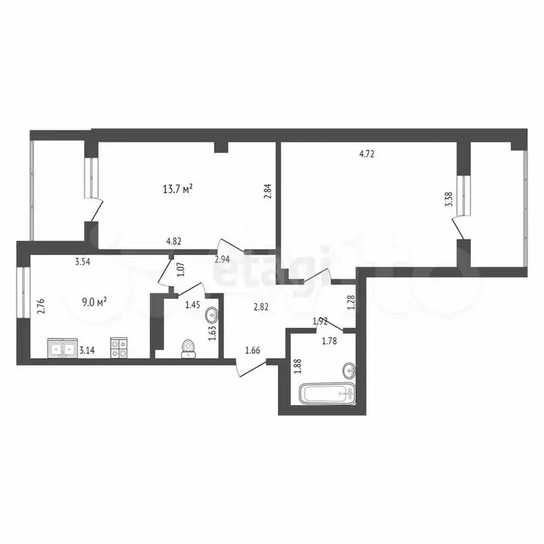 2-к. квартира, 52,4 м, 4/5 эт. - Фото 0