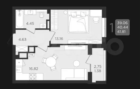 1-к. квартира, 40,5 м, 2/9 эт. - Фото 1