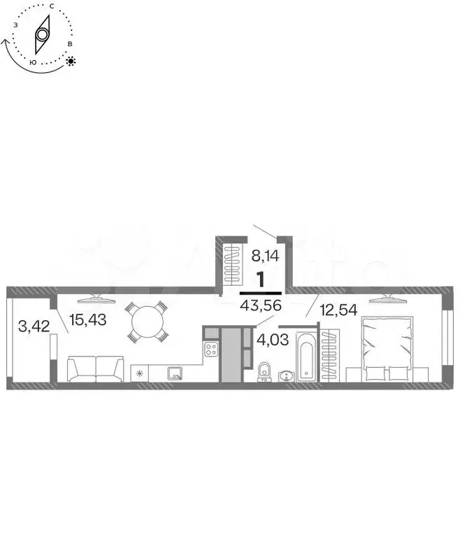 1-к. квартира, 43,6 м, 15/15 эт. - Фото 0