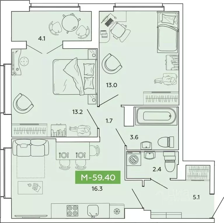 2-к кв. Ивановская область, Иваново Базисная ул. (59.4 м) - Фото 1