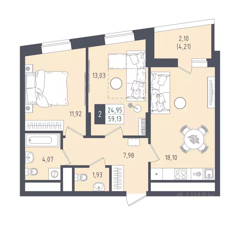 2-к кв. Татарстан, Казань Малевич жилой комплекс (59.13 м) - Фото 1