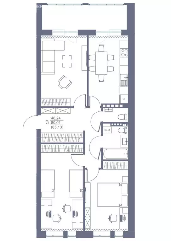 3-комнатная квартира: Нежинка, Фестивальная улица, 29 (85 м) - Фото 0