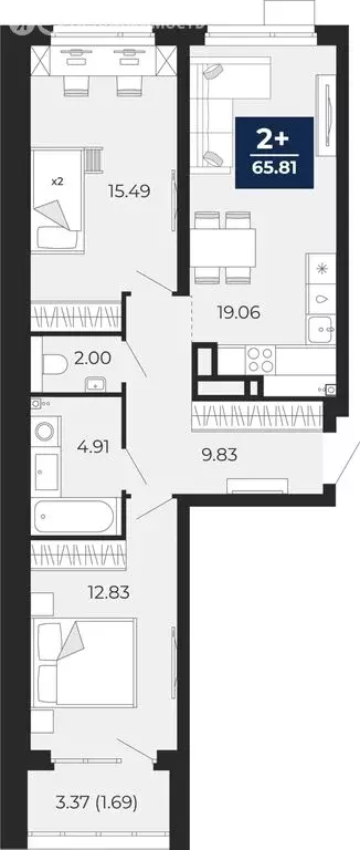 2-комнатная квартира: Тюмень, Арктическая улица, 14 (65.81 м) - Фото 0