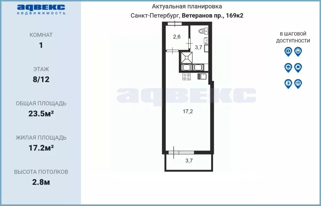 Студия Санкт-Петербург просп. Ветеранов, 169к2 (23.5 м) - Фото 2