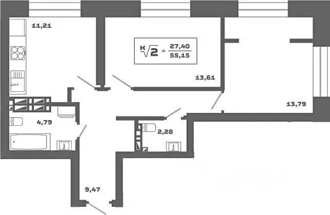 2-к кв. Новосибирская область, Новосибирск Аэропорт мкр,  (55.15 м) - Фото 1