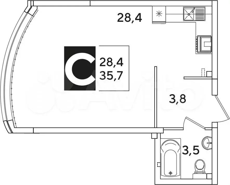 Квартира-студия, 35,7 м, 2/16 эт. - Фото 0