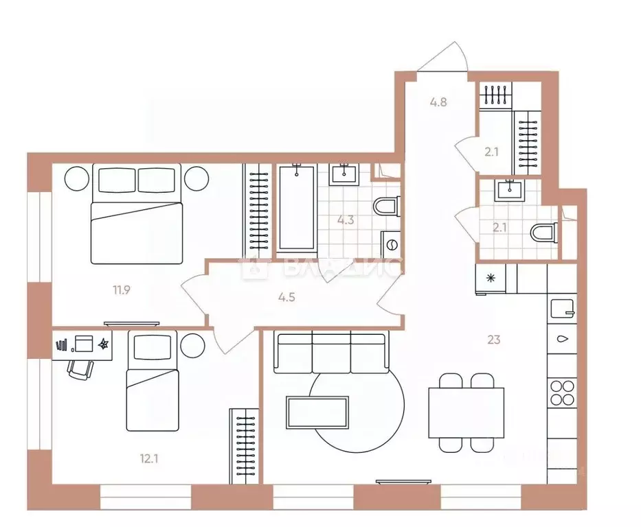 3-к кв. Москва Эра жилой комплекс, 2 (64.8 м) - Фото 2