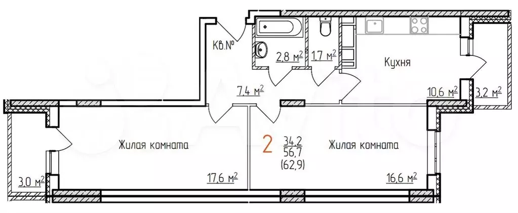 2-к. квартира, 59,8 м, 7/17 эт. - Фото 1