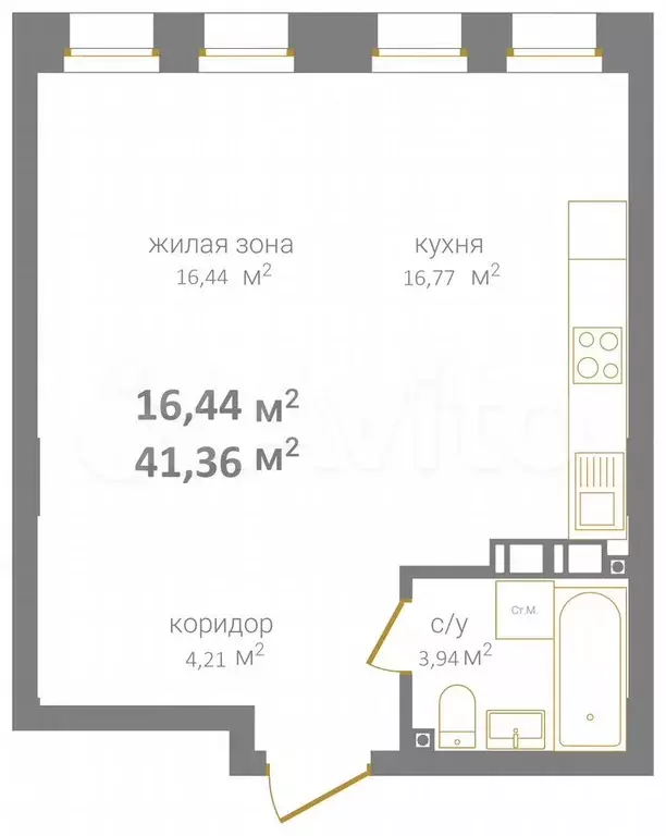 1-к. квартира, 41,4 м, 5/14 эт. - Фото 1