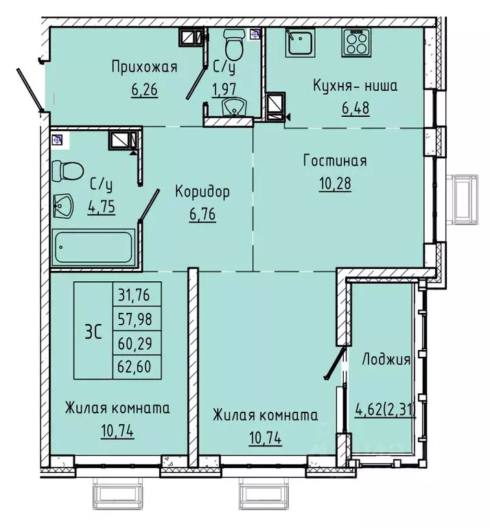 2-к кв. Ростовская область, Ростов-на-Дону ул. Текучева, 370/3 (60.29 ... - Фото 0
