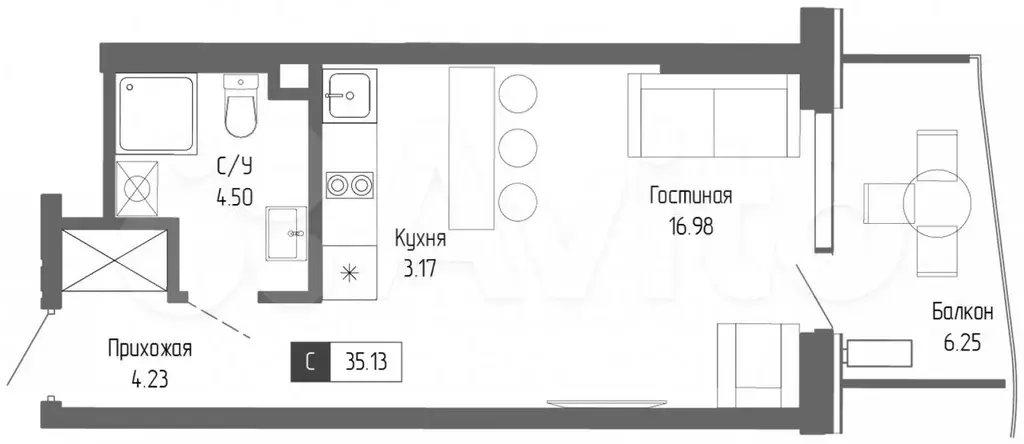 Апартаменты-студия, 35,1 м, 3/21 эт. - Фото 0