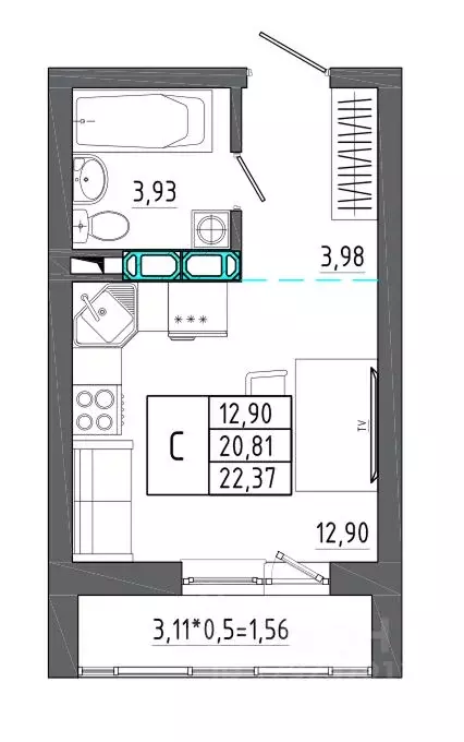 Студия Воронежская область, Воронеж Нижняя ул., 32 (22.37 м) - Фото 1