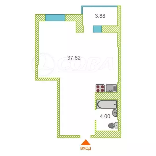 Квартира-студия: Тюмень, улица Мельникайте, 2к17 (42.9 м) - Фото 1