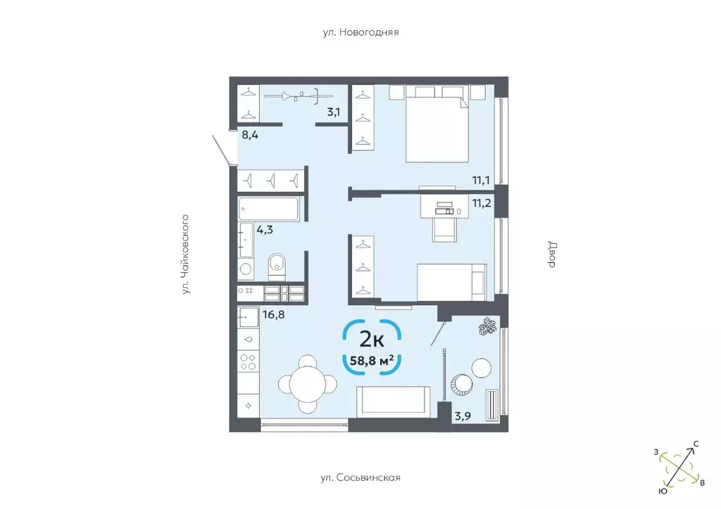 2-к кв. Тюменская область, Тюмень Сосьвинская ул., 31к1 (58.8 м) - Фото 0