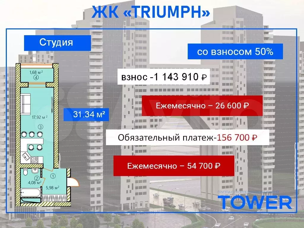 Квартира-студия, 31,3 м, 5/29 эт. - Фото 0