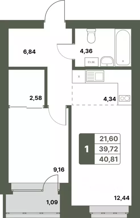 1-к кв. Башкортостан, Уфимский район, с. Миловка  (40.81 м) - Фото 1