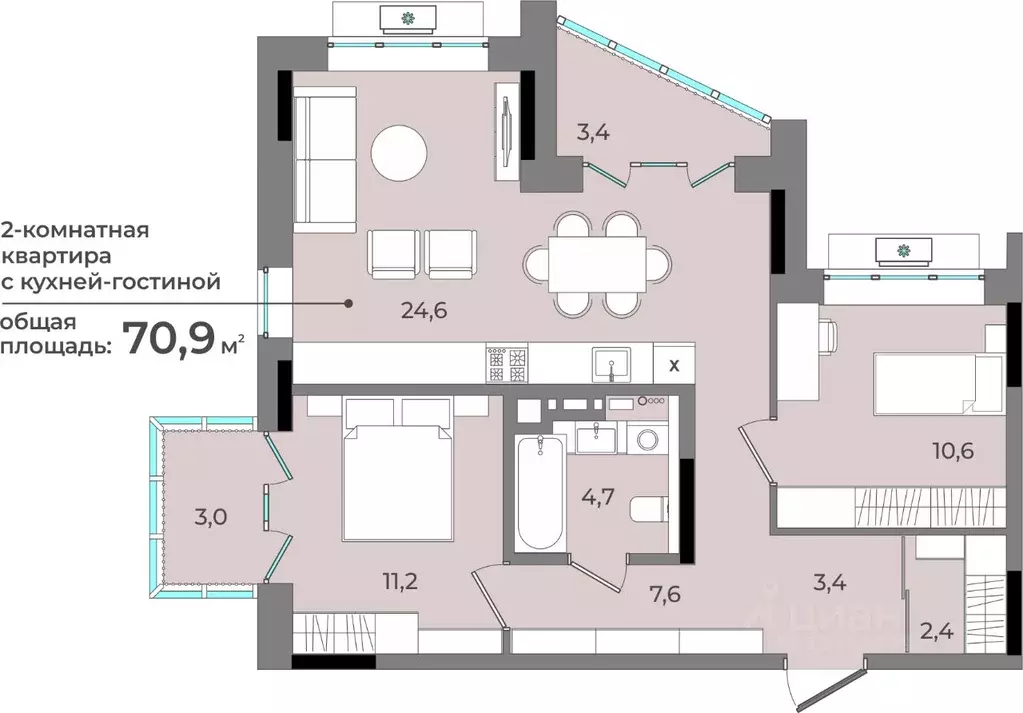 2-к кв. Удмуртия, Ижевск ул. Имени В.С. Тарасова, 6 (70.9 м) - Фото 0