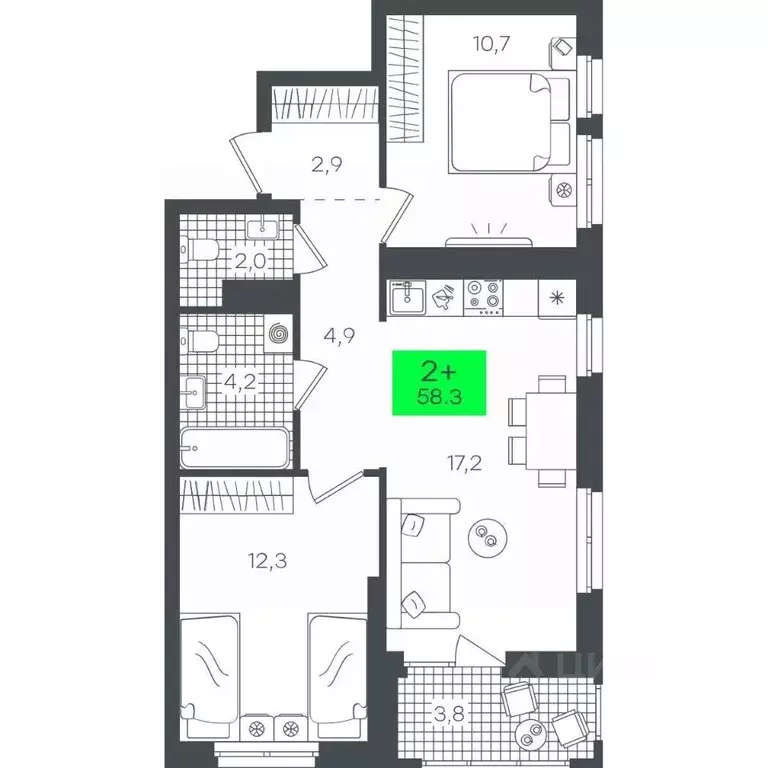 2-к кв. Тюменская область, Тюмень ул. Василия Малкова, 15 (58.35 м) - Фото 0