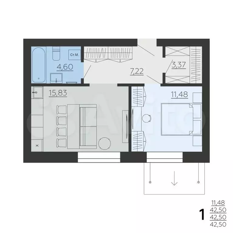 1-к. квартира, 42,5 м, 2/6 эт. - Фото 0