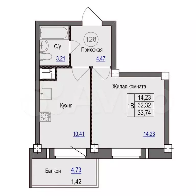 1-к. квартира, 33,7 м, 8/9 эт. - Фото 0